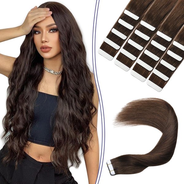 Sindra Hair Extensions Tape in Real Human Hair 22Inch Dark Brown Tape in Hair Extensions Human Hair Thick Ends Invisible Tape Ins Remy Straight Hair 20Pieces 50Gram(tape#2 22inch)