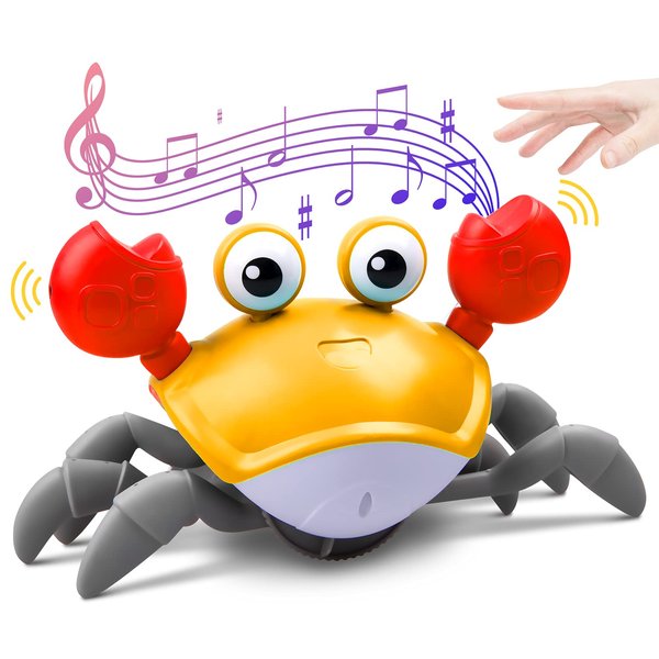 ZONICE Crawling Crab Baby Toy with Music and LED Light Up for Kids, Toddler Interactive Learning Development Toy with Automatically Avoid Obstacles, Build in Rechargeable Battery (Yellow)