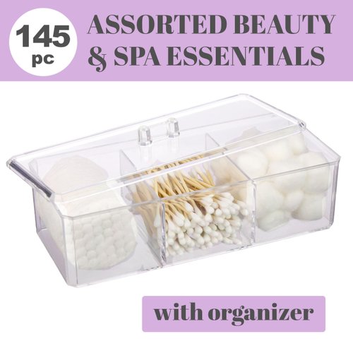 Expressions 145pc Beauty Essentials Kit - Includes Cotton Balls, Cotton Swabs & Cotton Pads/Cotton Rounds for Face w/Organizer - Beauty & Spa Skincare Accessories & Organizer Box