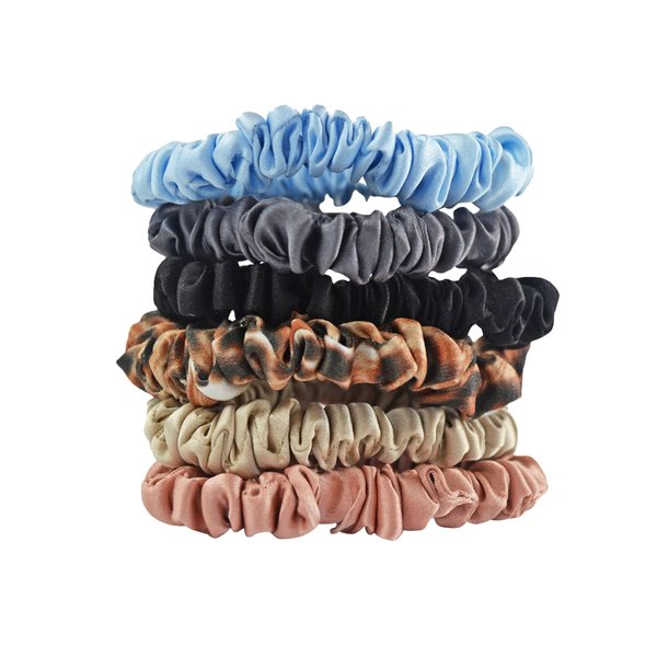 NGHT Silk Scrunchies for Women's Hair - 100% Thin Silk Scrunchies with Elastic Band Small - Ponytail holders for Girls - Multi-colored Pack of 6