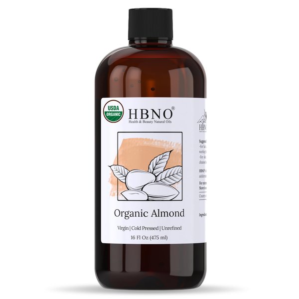 HBNO Organic Almond Oil - 16 OZ (475 ml) Value Size - Natural Almond Oil, Cold Pressed - Perfect Carrier Oil for Massage, Aromatherapy, DIY, Soap Making, Face, Body, Lips, Hair, Nails