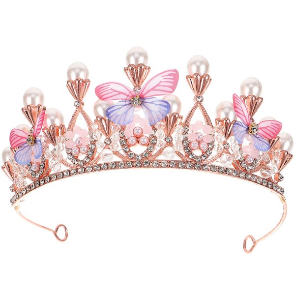 Lurrose Butterfly Princess Crown Pearl Butterfly Princess Tiara Headband Girls Birthday Crown Rhinestone Wedding Bridal Crowns for Prom Party