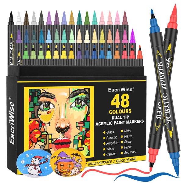 EscriWise 48 Colors Dual Tip Acrylic Paint Pens Set-Permanent Acrylic Paint Markers with Brush and Fine Tip, Water Based Art Paint Pens for Rock Painting Canvas Wood Fabric Glass DIY Craft
