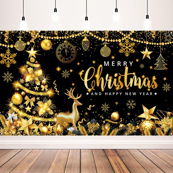 Christmas Party Decorations Black Gold Christmas and Happy New Year Banner for Xmas New Years Eve Party Supplies, 71x43inch
