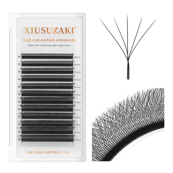 XIUSUZAKI Lash Extensions 5D W Eyelash Extensions 0.07mm Thickness D Curl Mix 8-15mm Premade Fans W Lashes Soft Individual Lashes Matte Black 12 Rows Natural False Eyelashes(W-5D-0.07-D,8-15mm)