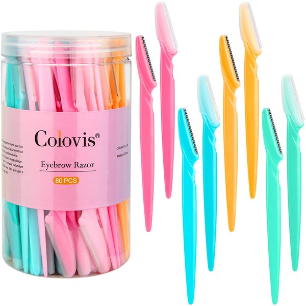 Colovis 80 PCS Eyebrow Razor, Dermaplaning Tool Face Razors for Women and Men with Precision Cover, Multipurpose Facial Eyebrow Hair Soft Fur Removal Disposable Blades, 4 Colors
