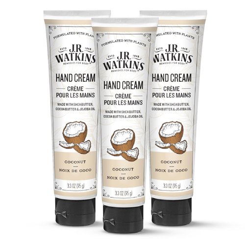 J.R. Watkins Natural Moisturizing Hand Cream, Hydrating Hand Moisturizer with Shea Butter, Cocoa Butter, and Avocado Oil, USA Made and Cruelty Free, 3.3oz, Coconut, 3 Pack