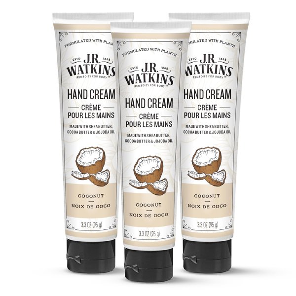 J.R. Watkins Natural Moisturizing Hand Cream, Hydrating Hand Moisturizer with Shea Butter, Cocoa Butter, and Avocado Oil, USA Made and Cruelty Free, 3.3oz, Coconut, 3 Pack