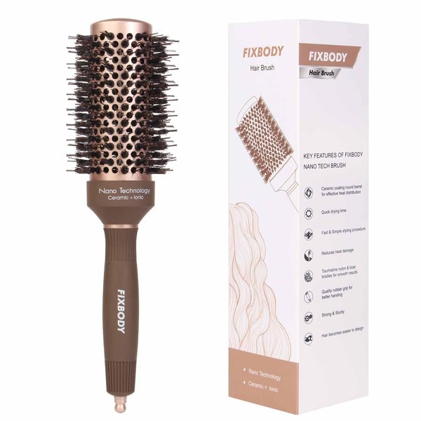 FIXBODY Round Hair Brush with Boar Bristles, Nano Thermal Ceramic, Ionic Tech, Roller Hairbrush for Blow Drying, Curling, Straightening (3 inch, Barrel 1.7 inch)