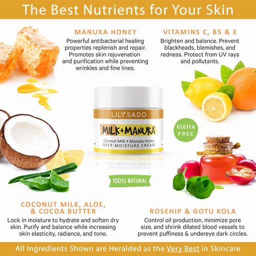 LILY SADO Coconut Milk and Manuka Honey Natural Face Moisturizer - Non Greasy Organic Facial Cream with Cocoa Butter and Gotu Kola - Amazing Anti-aging Formula