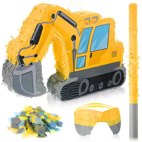 Ferraycle Construction Truck Piñata for Boys Excavator Dart Small Piñata Birthday Party Supplies Bundle with Blindfold Bat and Confetti Number Crane Tractors Piñata for Party Supplies