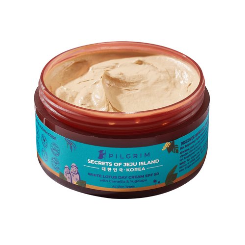 Pilgrim Korean White Lotus Day Cream SPF 50 (PA+++) | Infused with Camellia & Yugdugu | Reduces Wrinkles | Fights Dark Spots & Provides Healthy Skin Protection | 3.52 Oz/100gm