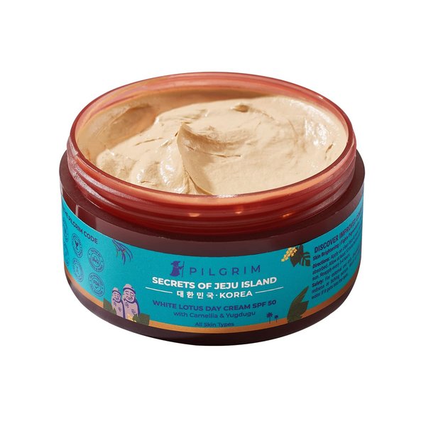 Pilgrim Korean White Lotus Day Cream SPF 50 (PA+++) | Infused with Camellia & Yugdugu | Reduces Wrinkles | Fights Dark Spots & Provides Healthy Skin Protection | 3.52 Oz/100gm