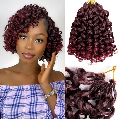 MYQUEEN 7 Packs GoGo Curl Crochet Hair 8 Inch Red Burgundy Short Curly Crochet Hair for Women Beach Curl Water Deep Ocean Wave Crochet Braids Synthetic Braiding Hair Extensions