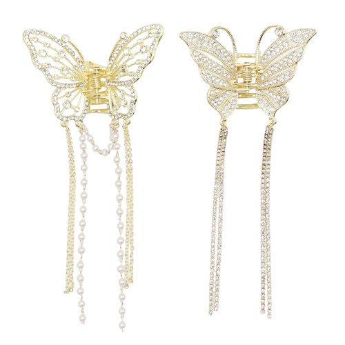 2Pcs Butterfly Hair Claw Clips,Metal Small Butterfly Hair Claw Clips with Tassel Pearl Nonslip Clamps Styling Hairclips for Thick Long Hair Women