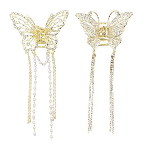 2Pcs Butterfly Hair Claw Clips,Metal Small Butterfly Hair Claw Clips with Tassel Pearl Nonslip Clamps Styling Hairclips for Thick Long Hair Women
