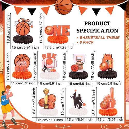 9 Pack Basketball Honeycomb Centerpieces Decorations ONE Birthday Table Topper Sign Decors for Baby Shower First Year Basketball Birthday Gameday Celebration Tailgate Sports Party Supplies