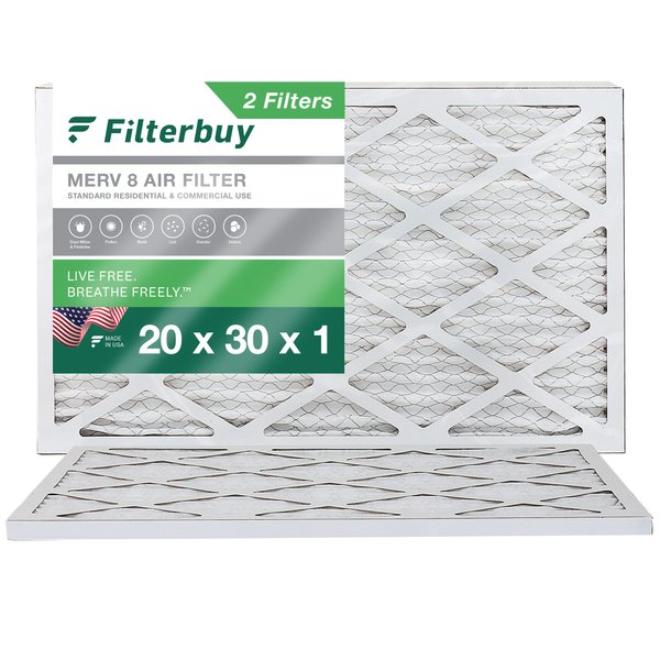 Filterbuy 20x30x1 Air Filter MERV 8 Dust Defense (2-Pack), Pleated HVAC AC Furnace Air Filters Replacement (Actual Size: 19.50 x 29.50 x 0.75 Inches)