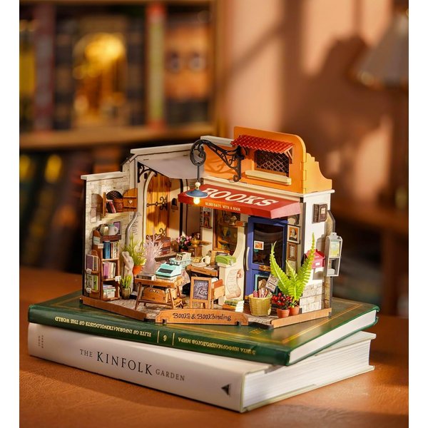 ROBOTIME DIY Miniature House Kit Mini Corner Bookstore Tiny House Making Kit with LED Wooden Craft Diorama Kit Decorative Hobby Unique Gift