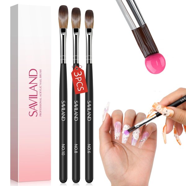 SAVILAND Acrylic Nail Brush Professional: Size 6,8,10 Nail Brushes for Acrylic Powder Application Black Round Shaped Nail Art Brush with Sturdy Handle Manicure Tools Extension Carving for Home Salon