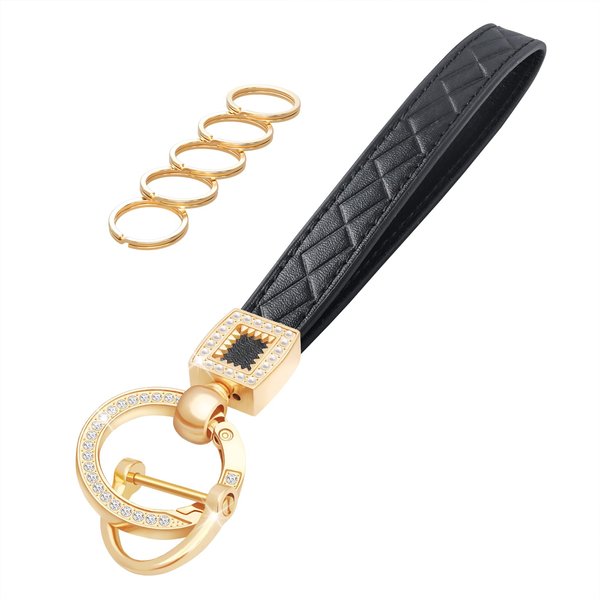 OHKYOOT Microfiber Leather Wristlet Keychain,Key Chain Holder Car Keys Keychain with 5 Key Ring and Anti-Lost D Ring (Black Gold)