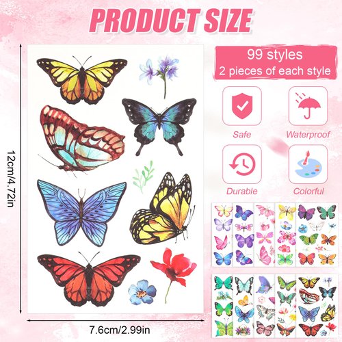 20 Sheets/198pcs Butterfly Temporary Tattoos, Butterfly Face Stickers Waterproof Body Art Fairy Butterfly Tattoos for Women Girls Eyes Face Makeup Decoration Party Favors