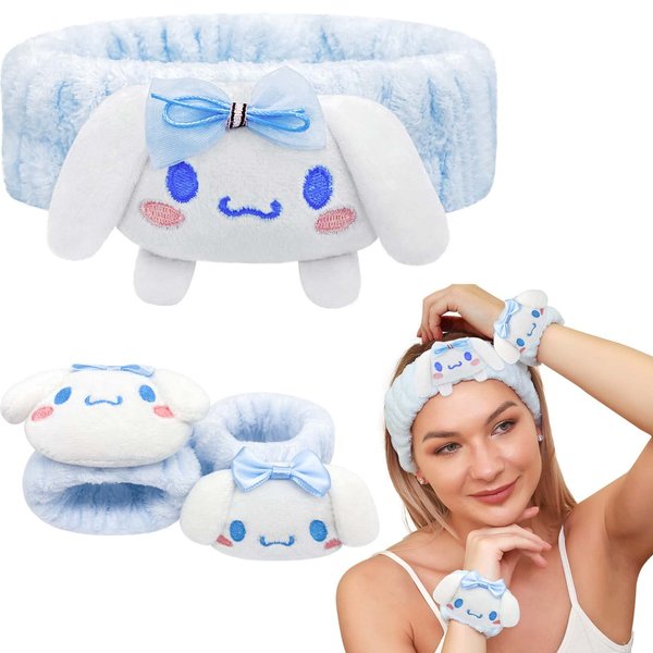 Kugiter Cute Spa Headband and Wristband Set for Face Washing, Kawaii Soft Skincare Headbands for Women Girls, Blue Makeup Headband for Washing Face, Bath, Shower, Beauty