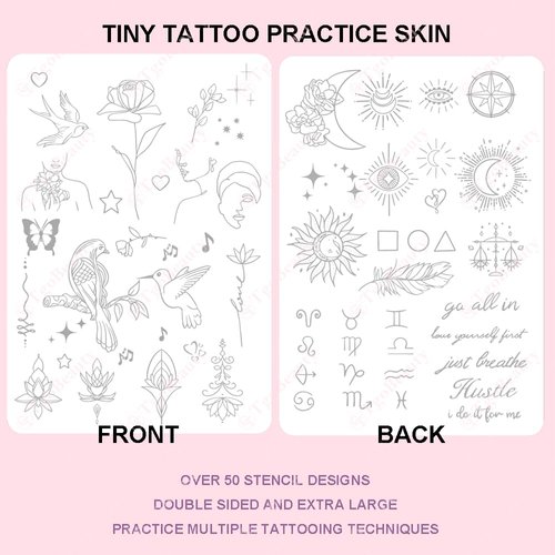 White Tiny Tattoo Practice Skin Double Sided Silicone Tattoo Training Pads Feature over 50 Different Stencil Designs for Tattoo Practice (5pcs)