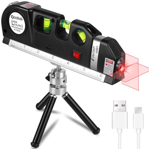 Laser Level line tool, Qooltek Multipurpose Cross Line Laser Adjusted Standard and Metric Rulers for hanging picture with Metal Tripod Stand and Rechargeable Battery(Black)