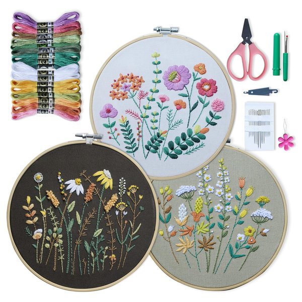ETSPIL 3 Sets Embroidery kit for Beginners Adults，Learn 33 Different Stitches DIY Kits ，Includes Stamped Flower Pattern, Hoop, Color Threads,Tools,Easy to Follow Instruction & Video… (Flower A3)