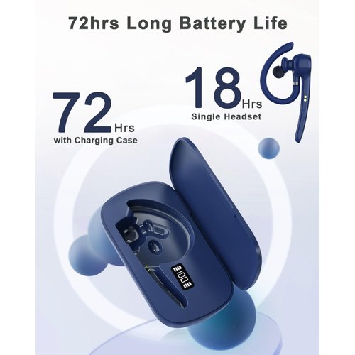 HEIBAS Bluetooth Headset, Wireless Bluetooth Earpiece with 500mAh Charging Case 72 Hours Talking Time Built-in Microphone for iOS Android Cell Phone, Hand-Free Headphones for Trucker, Office-Blue