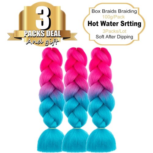 TENGSHUO FLY Ombre Braiding Hair Extensions for Women 3 Packs/24 Inch Braiding Hair Fiber Crochet Hair for Box Braids Senegal Twist Hair Extensions(24" (Pack of 3),peach red to lake blue)