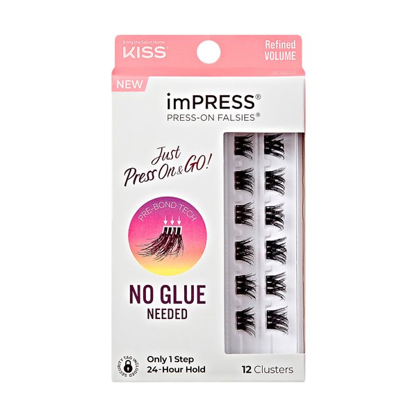 KISS imPRESS False Eyelashes, Lash Clusters, Falsies, Refined Volume', 10mm-12mm, Includes 12 pieces of pre-bonded lashes, Contact Lens Friendly, Easy to Apply, Reusable Strip Lashes