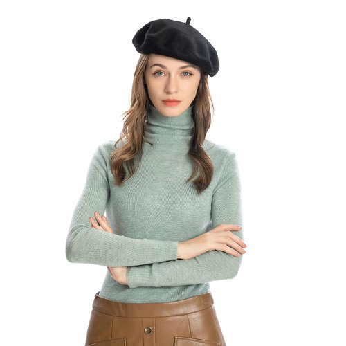 ZLYC Wool French Beret Hat Solid Color Beret Cap for Women Girls (Black)