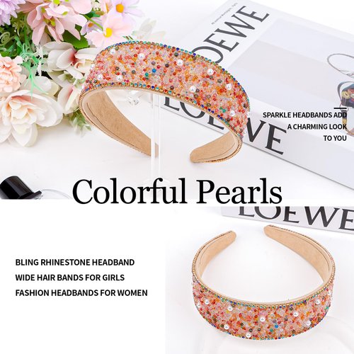 Amariver Colorful Rhinestones Headbands for Women Sparkly Pearls Head Band Beaded Wide Hair Band Crystal Headband Elastic Headbands Non-slip Fancy Hair Accessories for Women Girls