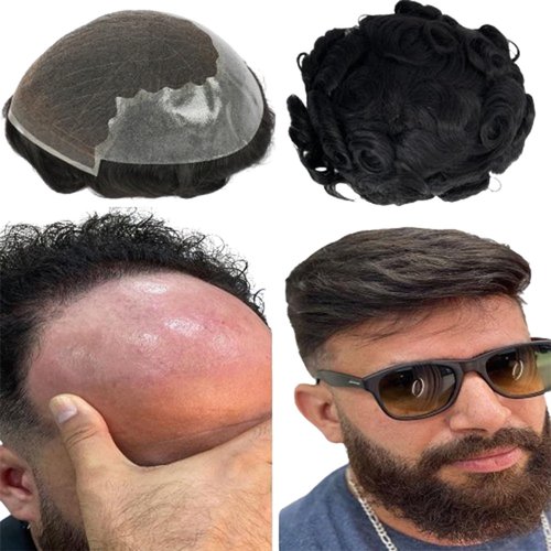 Toupee for Men Human Hair Wigs Mens Toupee European Virgin Human Hair Units Curly Wave Mens Wig Toupee Hair Real Human Replacement System for Man Q6 Prosthesis Units Patch #1B Off Black (6x8")