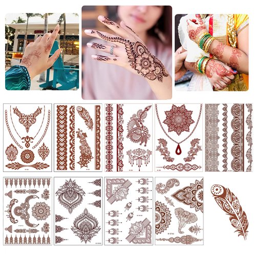 9 Sheets Temporary Tattoo Stickers Exquisite Indian Mandala Flower Lace Totem Pattern Waterproof Brown Tattoo Stickers Decoration for Beach Party Wedding Festivals Decorations