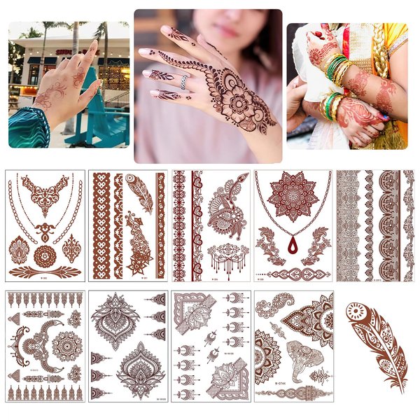 9 Sheets Temporary Tattoo Stickers Exquisite Indian Mandala Flower Lace Totem Pattern Waterproof Brown Tattoo Stickers Decoration for Beach Party Wedding Festivals Decorations