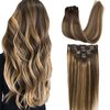 GOO GOO Clip in Hair Extensions Real Human Hair, 22inch 120g 7Pcs, 4/27/4 Balayage Chocolate Brown to Caramel Blonde, Remy Human Hair Extensions Clip ins for Women, Natural Human Hair