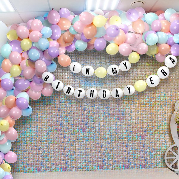 JellyArch Birthday Era Decoration DIY Giant Friendship Bracelet Balloon Kit 70 Link Balloons Tail Connected Balloon Garland 4 Letter Number Stickers for Customizable Birthday Banner Party Supplies