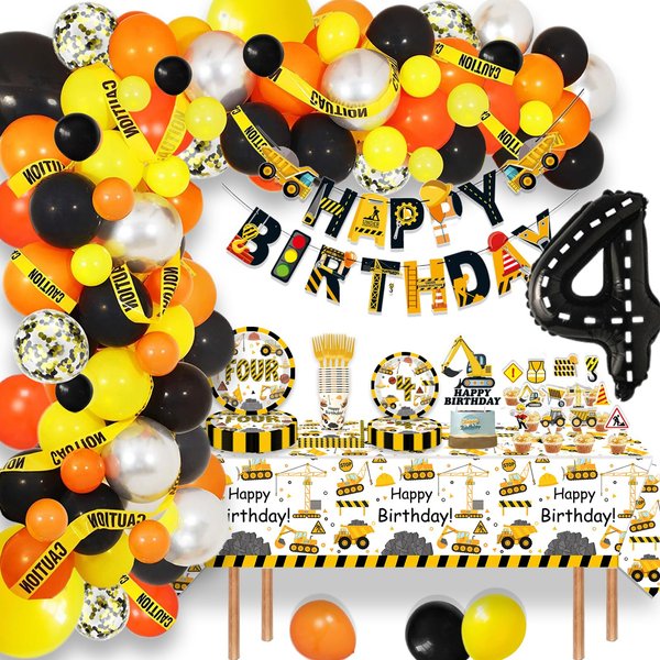 189 Pcs Construction 4th Birthday Party Supplies Dump Truck Four Years Old Paper Plates Napkins Forks Cups Tablecloth Banner Balloon Garland Dinnerware for Construction 4th Bday Party Decorations