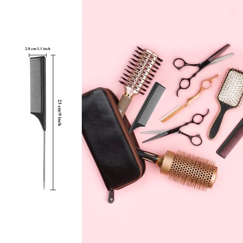 3 Pack Rat Tail Combs for Pintail Hair Parting & Teasing, Heat Resistant Carbon Fiber Fine Tooth Comb with Stainless Steel Handle Pin