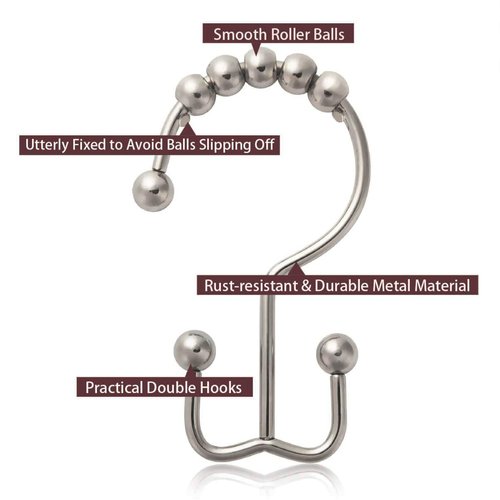 DadyMart Shower Curtain Hooks Rings Rust Resistant Double Glide Rollers Curtain Rods for Bathroom, Set of 12, Nickel, Metal