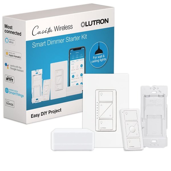 Lutron Caseta Smart Lighting Dimmer Switch Starter Kit with Caseta Smart Hub and Pico Bracket | Works with Alexa, Google Assistant, Ring, Apple Home | P-BDG-PKG1W-A, White