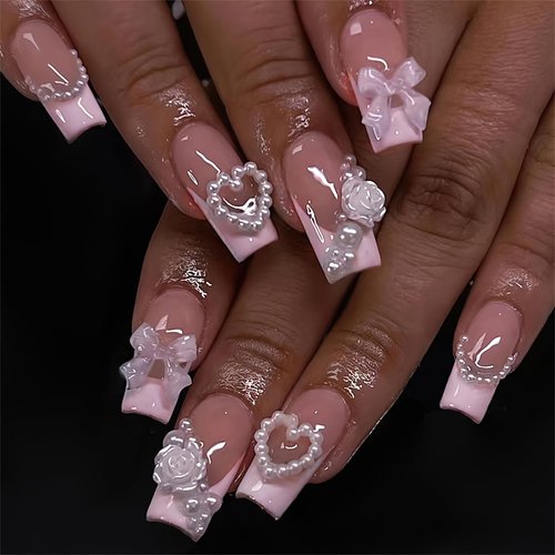 ROFIBUT French Tip Press on Nails Medium Square Fake Nails Glossy Full Cover Gel Glue on Nails with Pearls Design Luxury 3D Bow Rose Charms Coffin False Nails for Women Kids Manicure Nail Decor 24Pcs