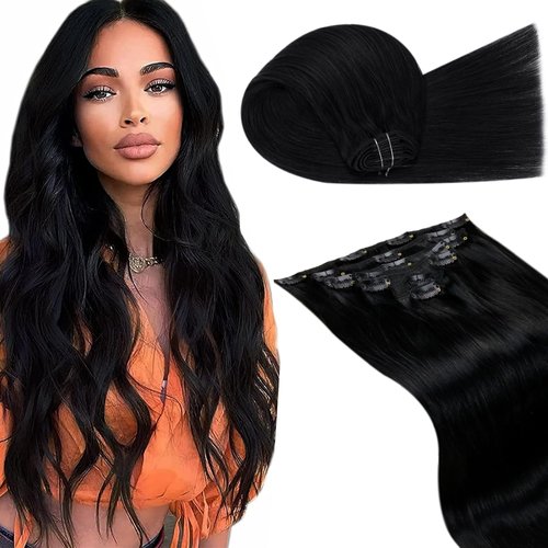 LaaVoo Black Hair Extensions Clip ins Human Hair Natural Black Clip in Hair Extensions Real Human Hair Jet Black Clip in Hair Extensions 18 Inch Silky Straight Full Head 7pcs 120G