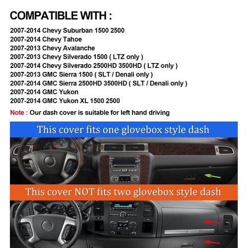 HanLanKa Dashboard Cover for Chevy Chevrolet Suburban/Tahoe 2007-2014,Chevrolet Avalanche Silverado 1500 LTZ 2007-2013,GMC Yukon 2007-2014 Dash Cover Mat(Premium Carpet, Black)