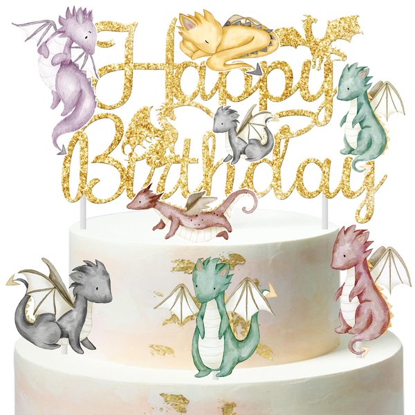 Dragon Happy Birthday Cake Topper Gold Dragon Themed Birthday Cake Decoration Fantasy Dragon Party Cake Topper Dragon Birthday Decoration for Little Dragon Baby Shower Supplies