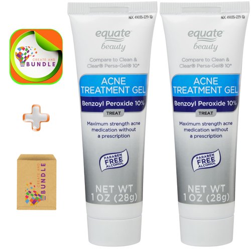 Equate 2-Pack 10% Benzoyl Peroxide Acne Treatment Gel - Powerful Skincare Combo for Clear, Radiant, and Acne-Free Skin + CreateAndBundle Sticker