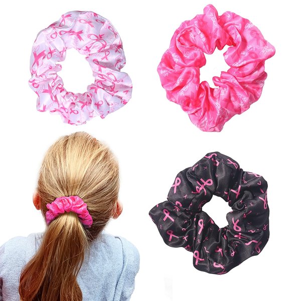 Pink Ribbon Silk Hair Scrunchies Breast Cancer Awareness Satin Hair Scrunchies Pink Ribbon Elastic Hair Bands Black White Pink Hair Ties Ponytail Holders Hair Accessories for Women Girls Hair Styling